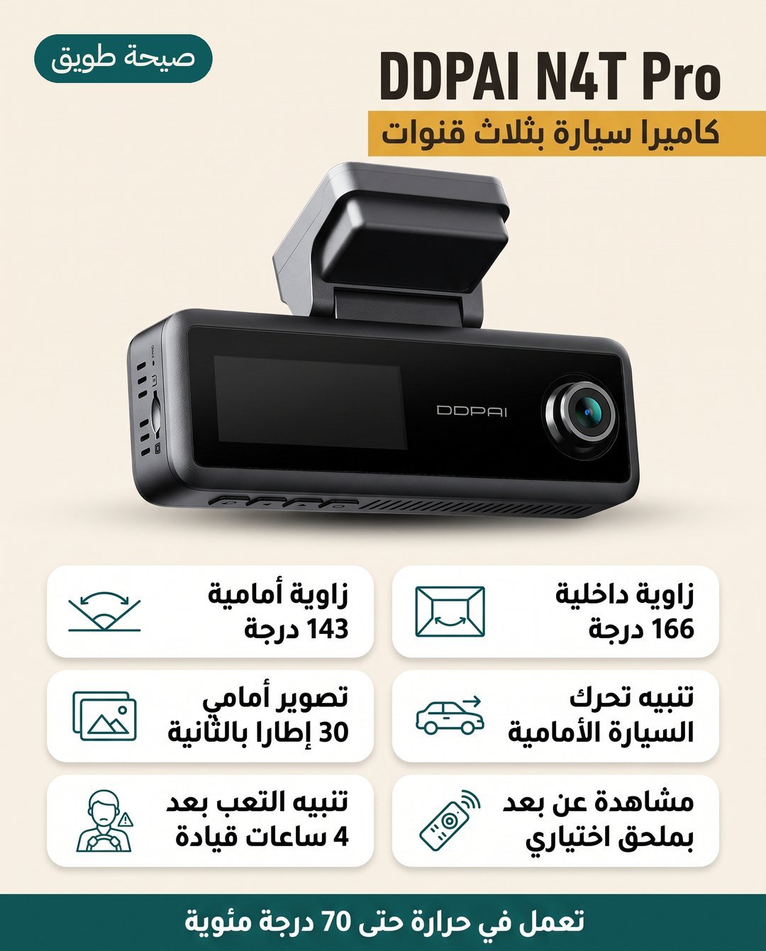 كاميرا السيارة DDPAI N4T Pro بثلاث قنوات: تعمل حتى 70 درجة مئوية وزاوية أمامية 143 درجة وتنبيه للسائق بعد 4 ساعات قيادة