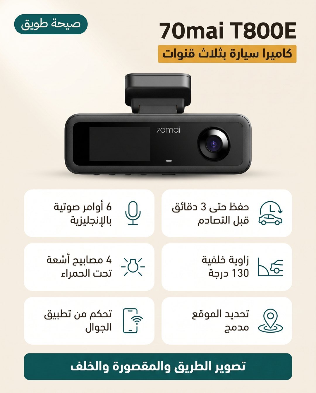 كاميرا السيارة 70mai T800E بثلاث قنوات: تحفظ حتى 3 دقائق قبل التصادم و6 أوامر صوتية وزاوية خلفية 130 درجة