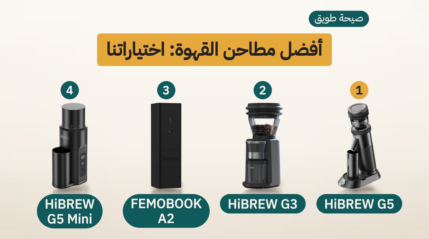 مطاحن القهوة HiBREW G5 و HiBREW G3 و FEMOBOOK A2 و HiBREW G5 Mini جنبًا إلى جنب
