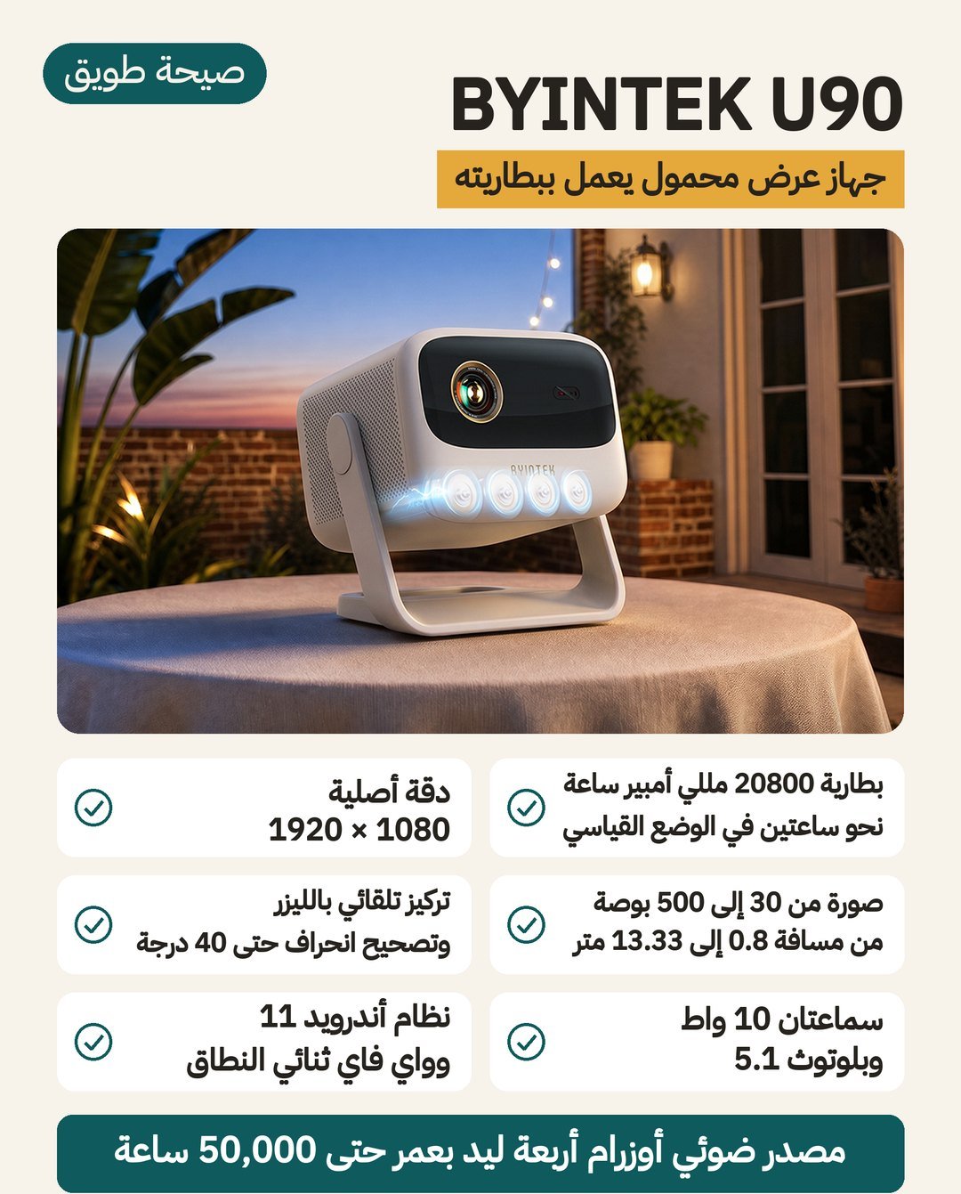 بروجكتر BYINTEK U90 المحمول: بطارية 20800 مللي أمبير ودقة أصلية 1920 × 1080 وتركيز تلقائي بليزر TOF