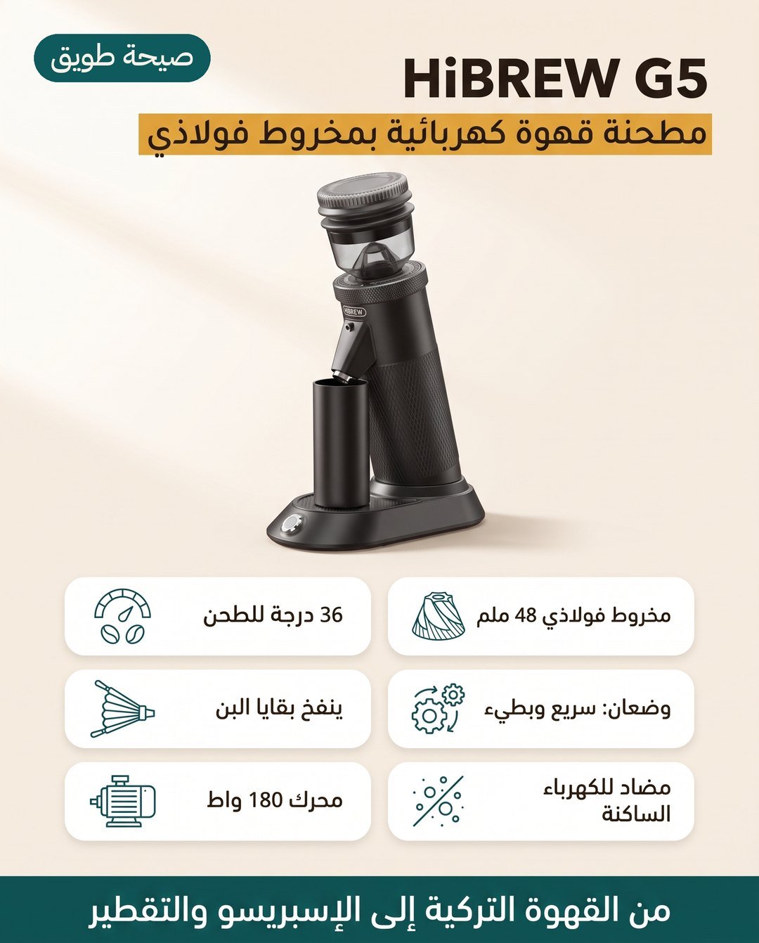 مطحنة القهوة HiBREW G5: مخروط فولاذي 48 ملم و36 درجة طحن ووضعان للسرعة