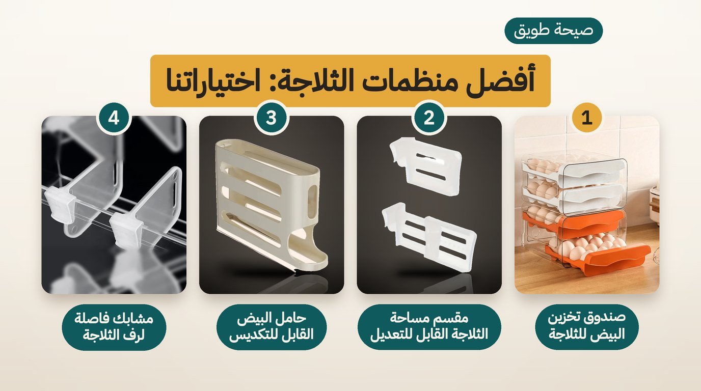 أربعة منظمات للثلاجة: صندوق تخزين البيض، ومقسم مساحة قابل للتعديل، وحامل بيض قابل للتكديس، ومشابك فاصلة للرفّ