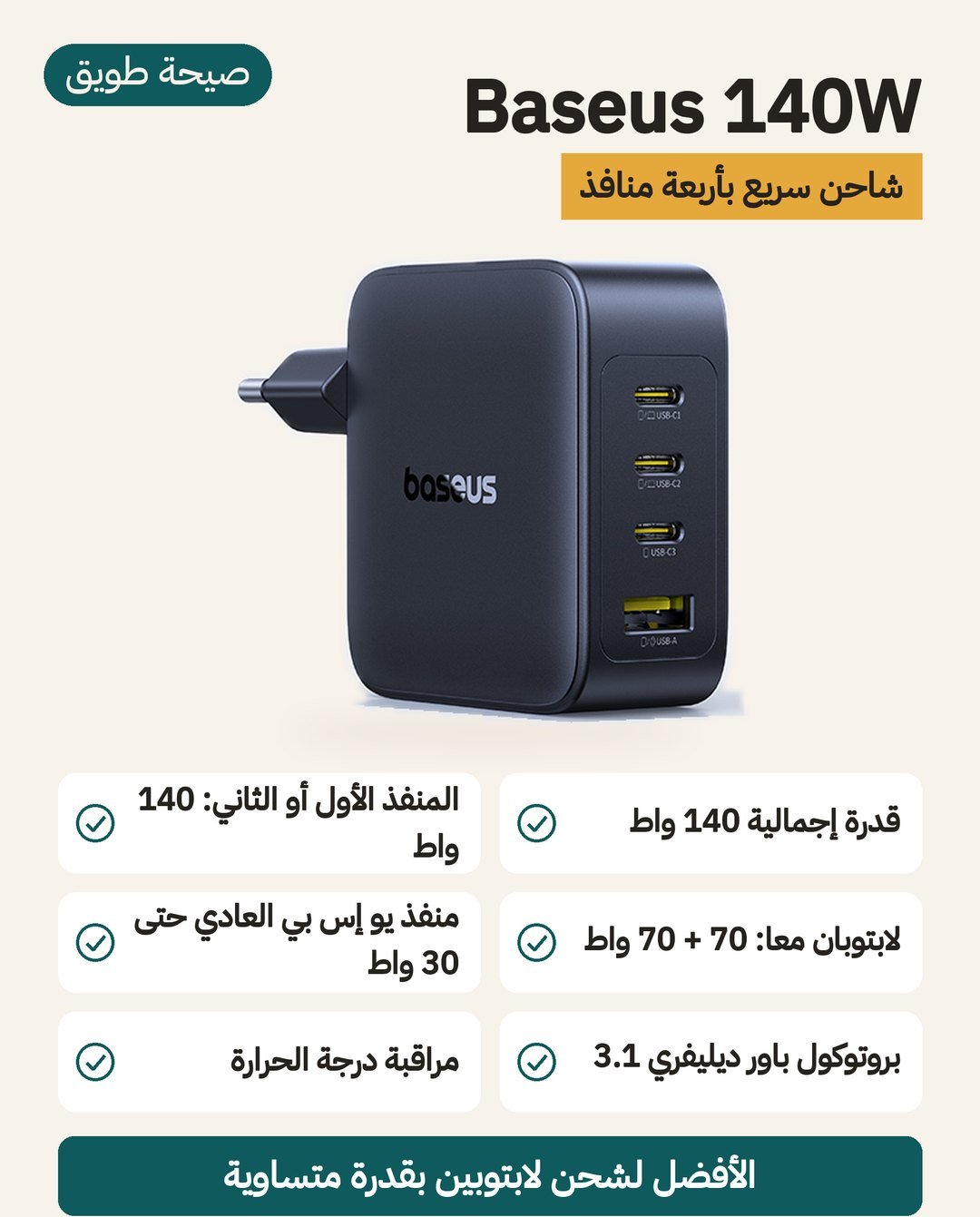 شاحن Baseus 140W بأربعة منافذ: 70 واط لكل لابتوب عند شحن اثنين و140 واط من المنفذ الأول أو الثاني