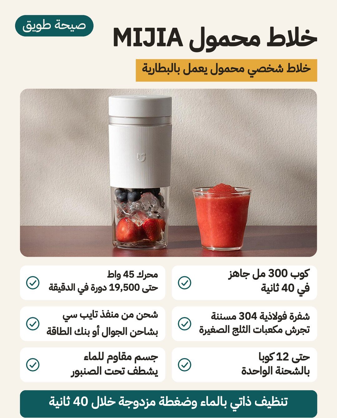 خلاط محمول MIJIA بسعة 300 مل: محرك 45 واط حتى 19500 دورة في الدقيقة وكوب PCTG وشفرة فولاذ 304 وشحن USB-C