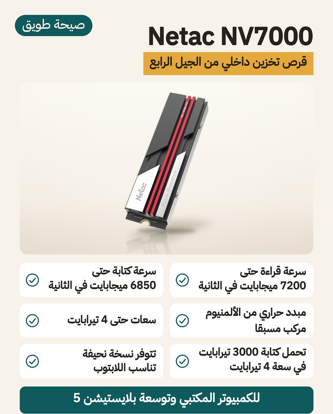 هارد Netac NV7000 من نوع NVMe: الجيل الرابع PCIe 4.0 وقراءة حتى 7200 ميجابايت في الثانية ومبدد حراري من الألمنيوم