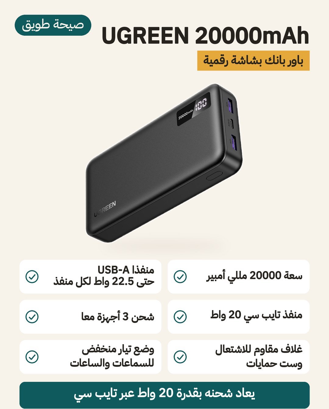 باور بانك UGREEN بسعة 20000 مللي أمبير: منفذا USB-A حتى 22.5 واط وشحن بقدرة 20 واط وشاشة رقمية