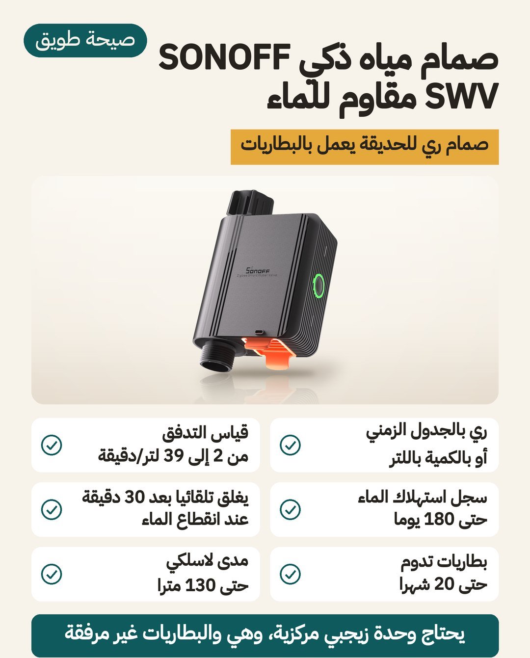 صمام مياه ذكي SONOFF SWV بتقنية Zigbee 3.0: عدّاد تدفق من 2 إلى 39 لترًا في الدقيقة وهيكل IP55 يعمل بأربع بطاريات AA