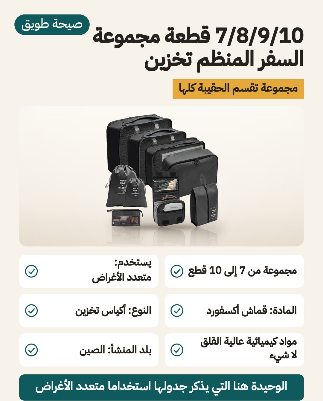 مجموعة منظمات حقيبة السفر: من 7 إلى 10 قطع، قماش أكسفورد، واستخدام متعدد الأغراض