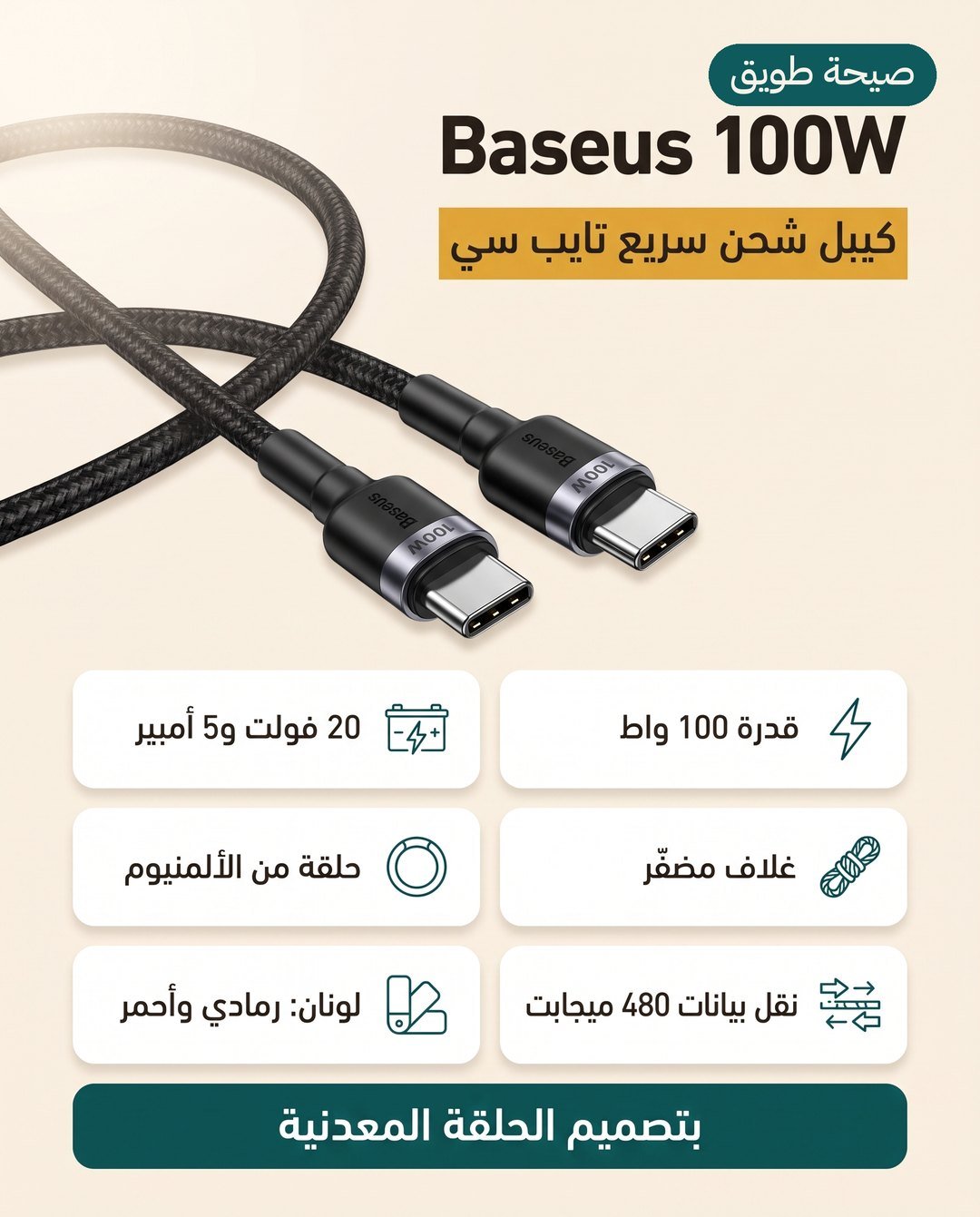 كيبل Baseus من USB-C إلى USB-C بقدرة 100 واط: غلاف مضفّر وحلقة ألمنيوم