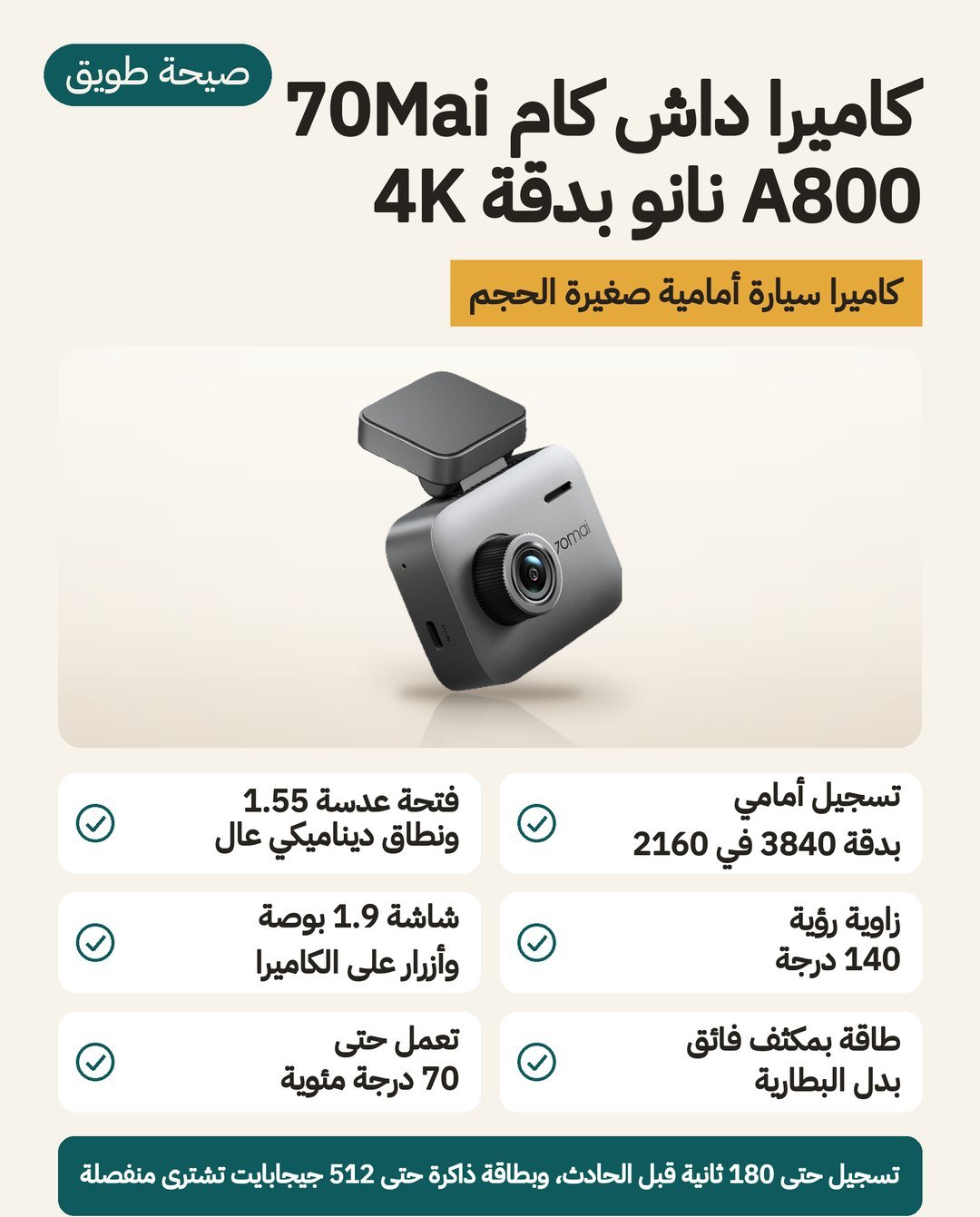 كاميرا داش كام 70Mai A800 نانو: دقة 4K حقيقية 3840×2160 وفتحة عدسة F1.55 وشاشة 1.9 إنش ومكثف فائق
