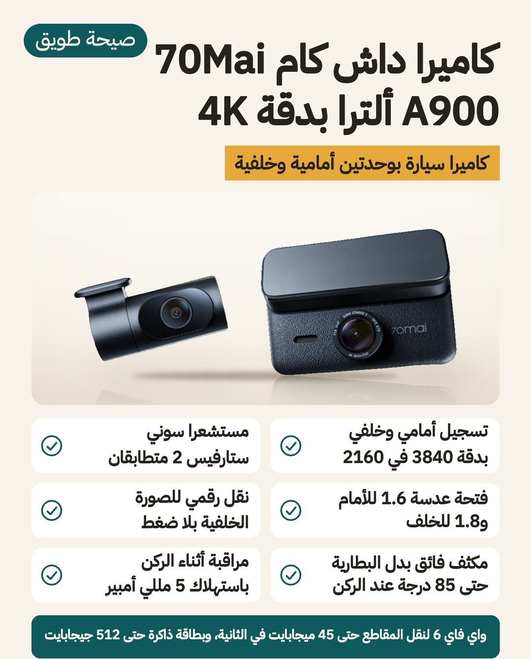 كاميرا داش كام 70mai A900 Ultra: مستشعران Sony IMX678 بدقة 4K أمامًا وخلفًا ووصلة LVDS ومكثف فائق