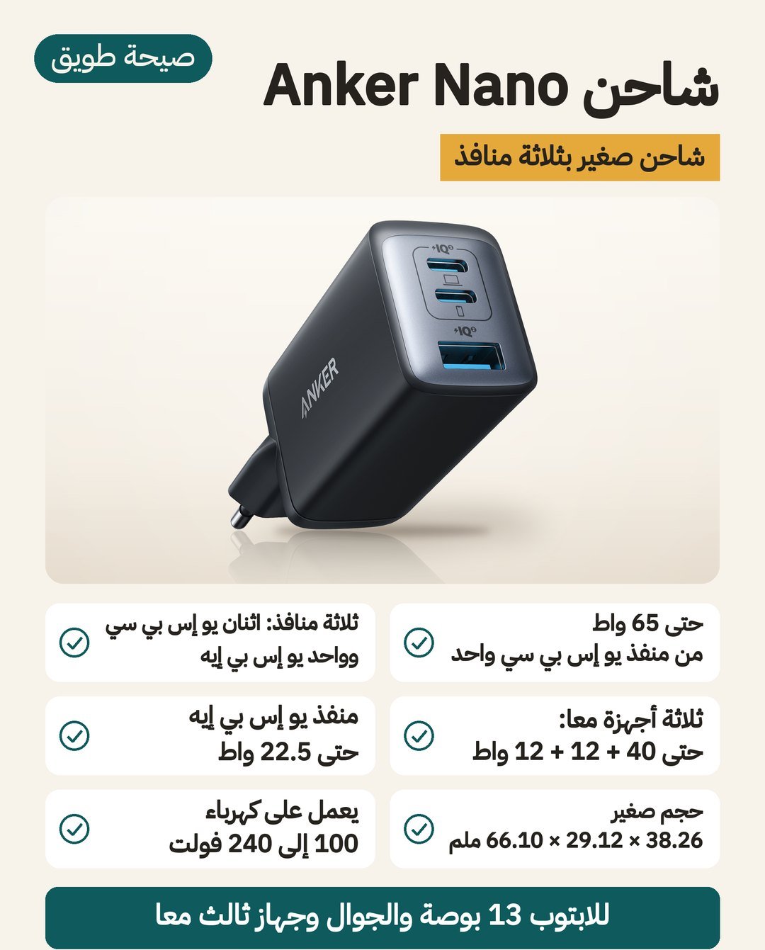 شاحن Anker Nano بقدرة 65 واط: منفذان USB-C ومنفذ USB-A، وحتى 40 واط للمنفذ العلوي مع تشغيل المنافذ الثلاثة