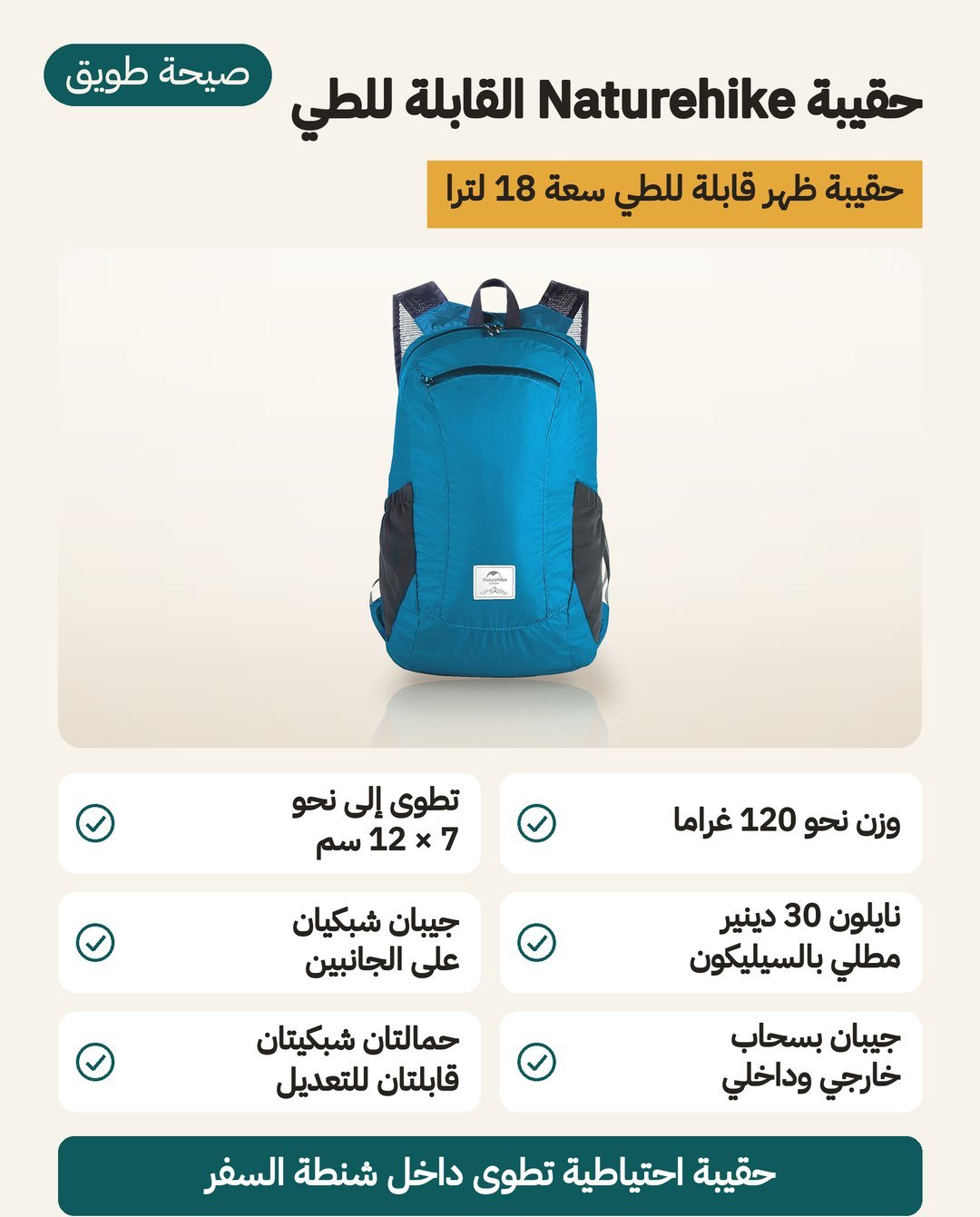 حقيبة ظهر Naturehike القابلة للطي: 18 لترًا بوزن نحو 120 غرامًا وتُطوى إلى نحو 7 × 12 سم