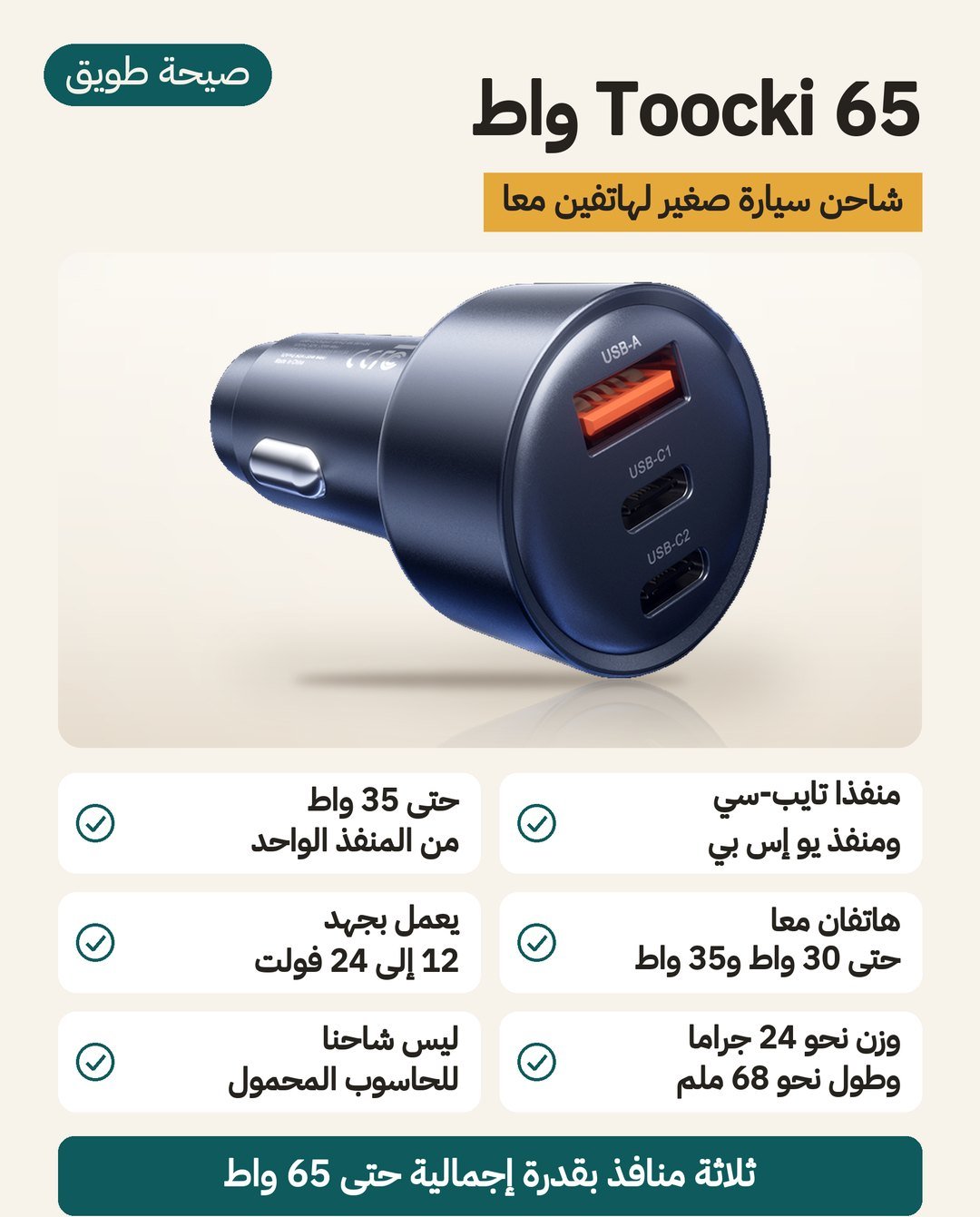 شاحن سيارة Toocki 65 واط: منفذان USB-C ومنفذ USB-A في جسم صغير بوزن نحو 24 غرامًا