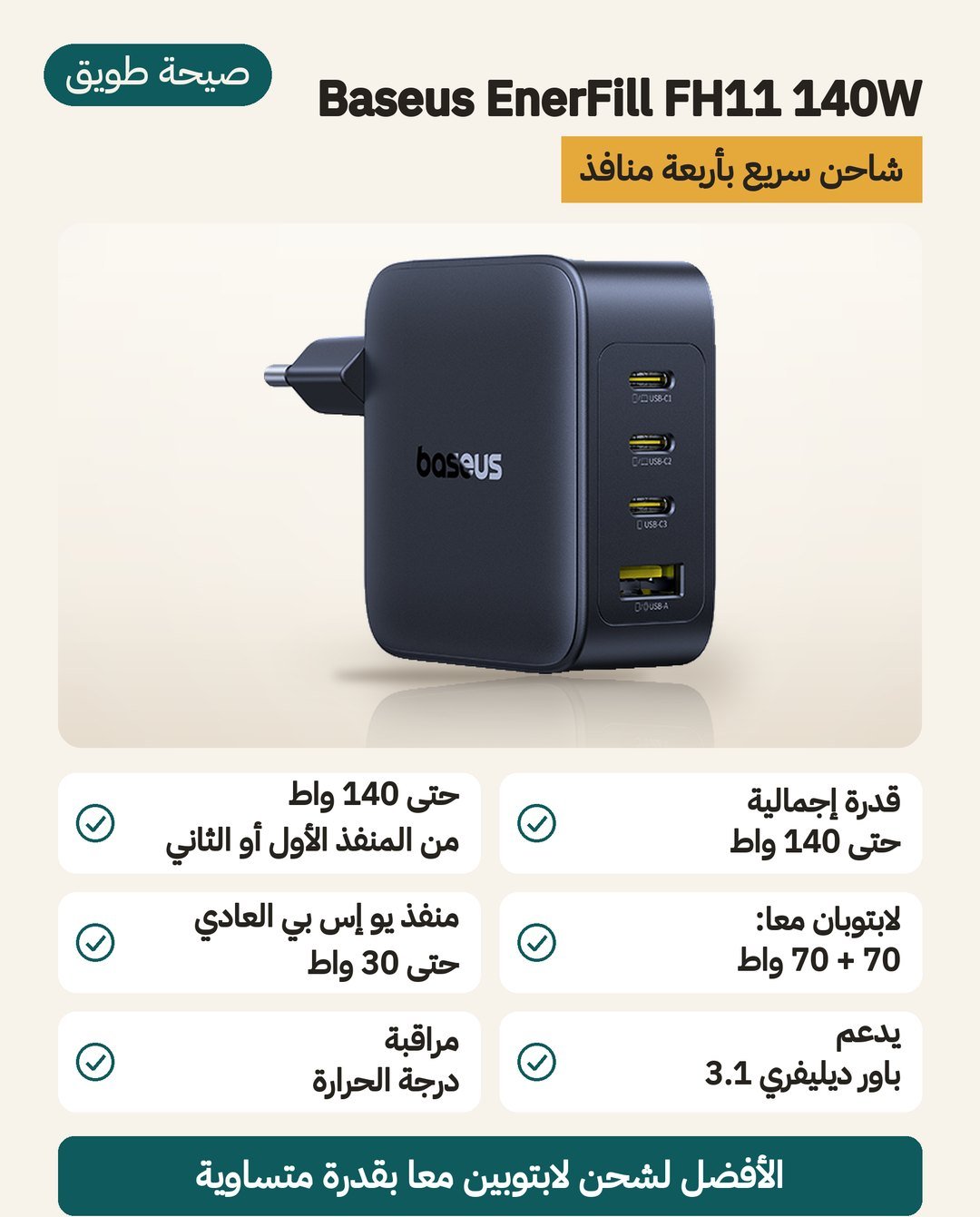 شاحن Baseus EnerFill FH11 140W بأربعة منافذ: حتى 140 واط من المنفذ الأول أو الثاني و 70 واط لكل لابتوب معًا