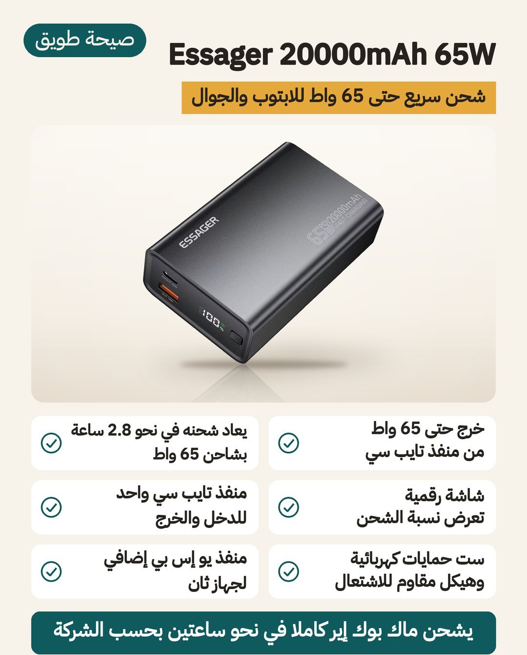 باور بانك Essager بسعة 20000 مللي أمبير: خرج حتى 65 واط من منفذ USB-C وشاشة تعرض نسبة الشحن ومنفذان