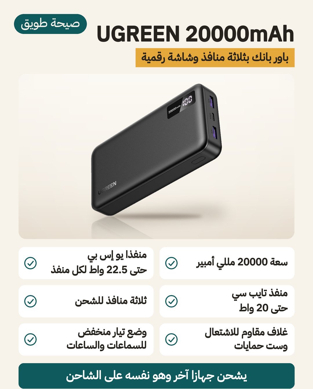 باور بانك UGREEN بسعة 20000 مللي أمبير: ثلاثة منافذ وشاشة رقمية ووضع تيار منخفض للسماعات والساعات