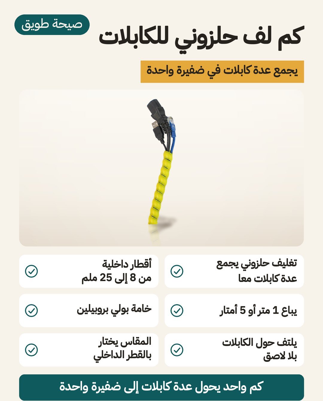كم لف حلزوني للكابلات: قطر داخلي من 8 إلى 25 مم، مادة PP، ويُشترى بالمتر