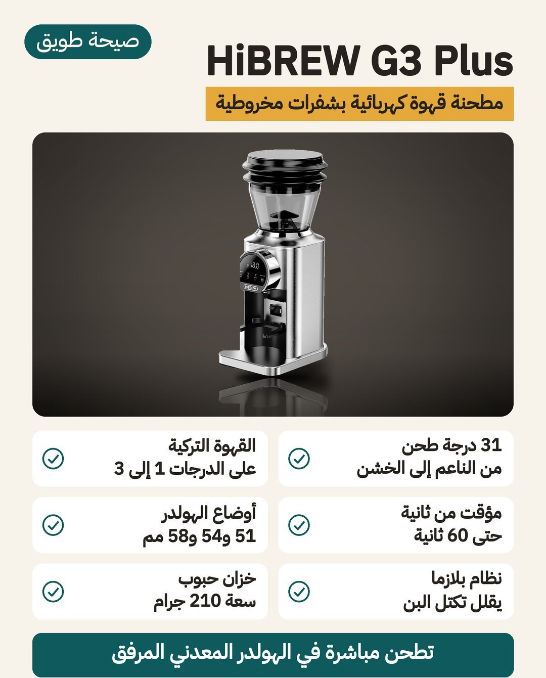مطحنة قهوة كهربائية HiBREW G3 Plus: 31 درجة طحن وشفرات مخروطية مطلية بالتيتانيوم وشاشة لمس بمؤقّت