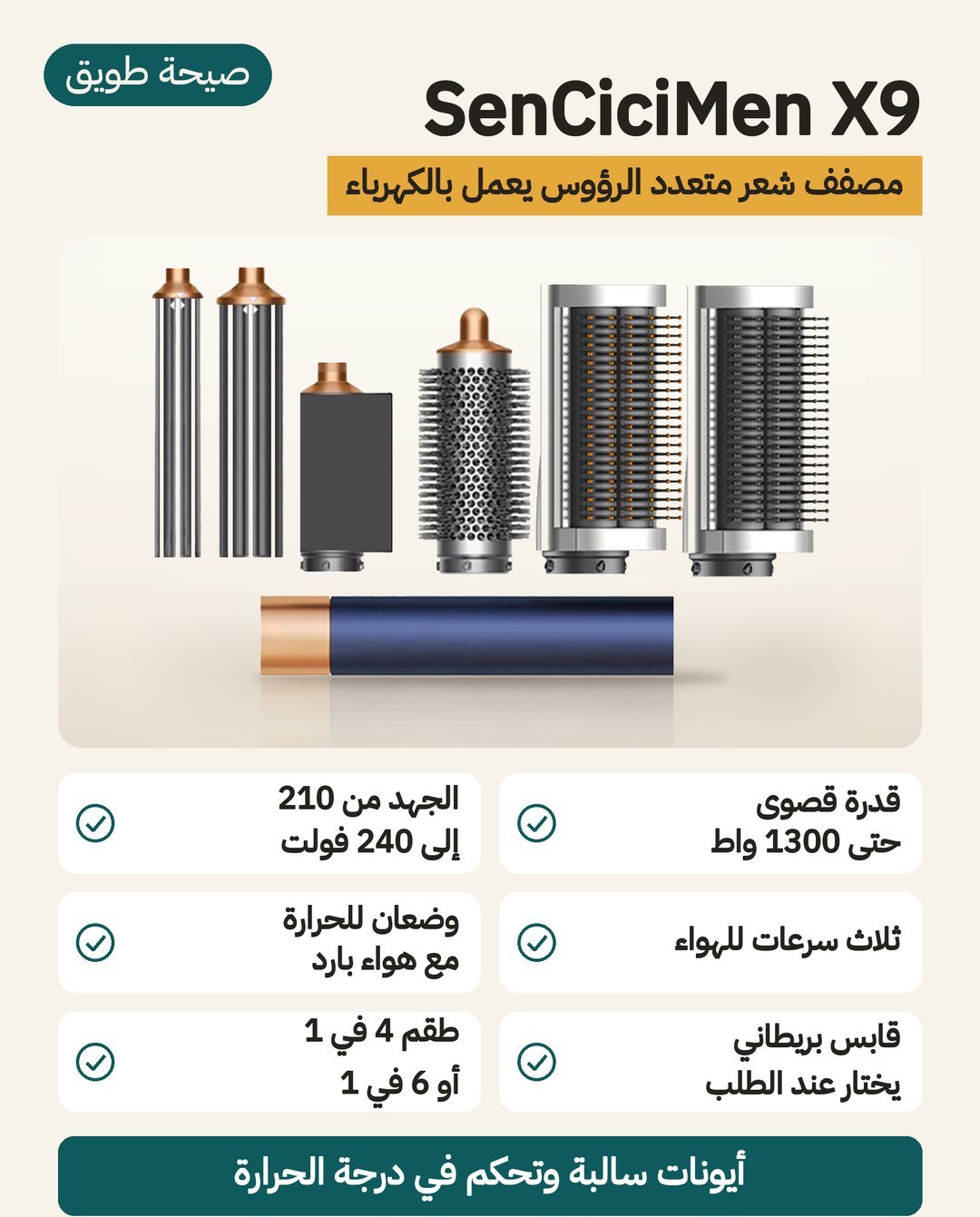 مصفف الشعر المتعدد SenCiciMen X9: ثلاث سرعات هواء ودرجتا حرارة وهواء بارد، وجهد 210 إلى 240 فولت