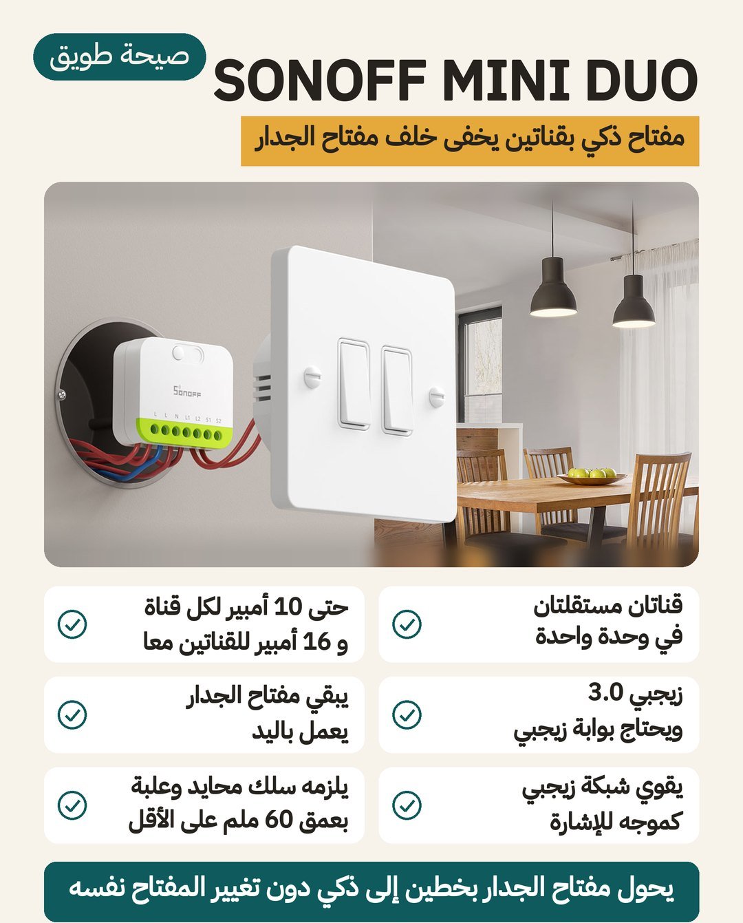 مفتاح ذكي SONOFF MINI DUO بقناتين بتقنية Zigbee 3.0: وحدة 45 × 39.4 × 16.8 ملم تُخفى خلف مفتاح الجدار، بحمل حتى 10 أمبير لكل قناة وحتى 16 أمبير للقناتين معًا