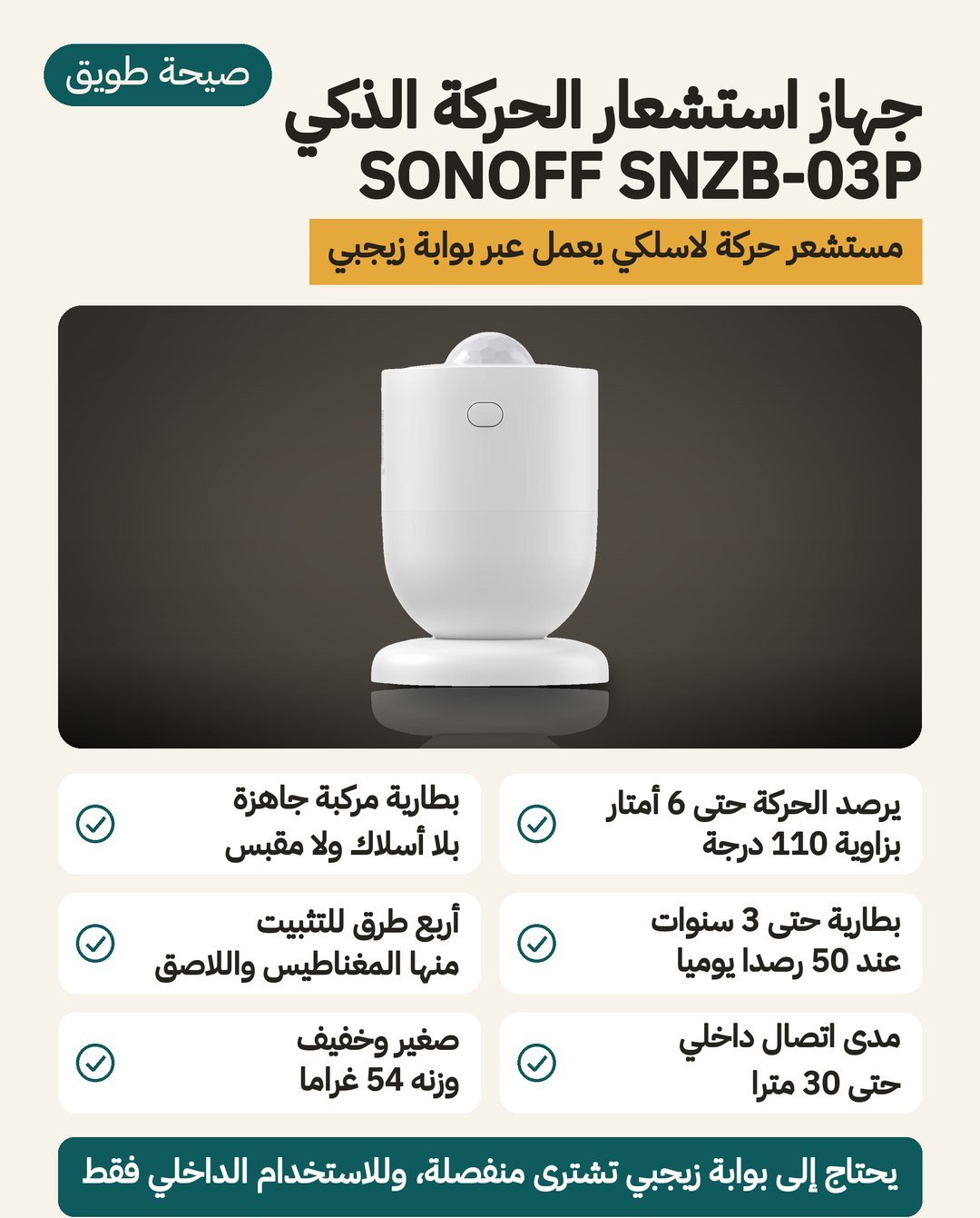 حساس الحركة SONOFF SNZB-03P: كشف حتى 6 أمتار بزاوية 110 درجات، وخلية CR2477 واحدة، وأربع طرق تثبيت