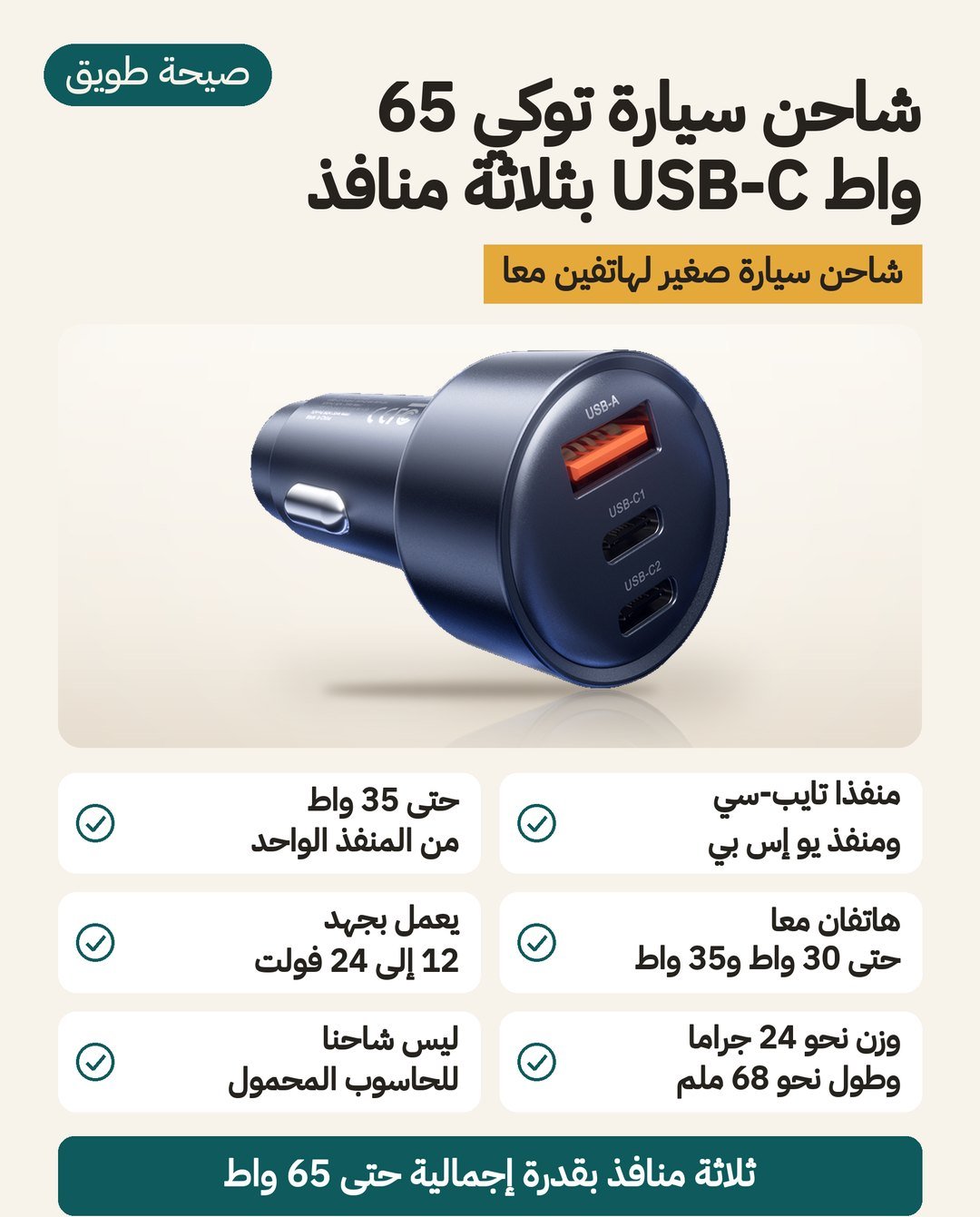 شاحن سيارة توكي 65 واط: منفذان USB-C ومنفذ USB-A، وحتى 30 واط + 35 واط لجهازين معًا، ووزن نحو 24 غرامًا