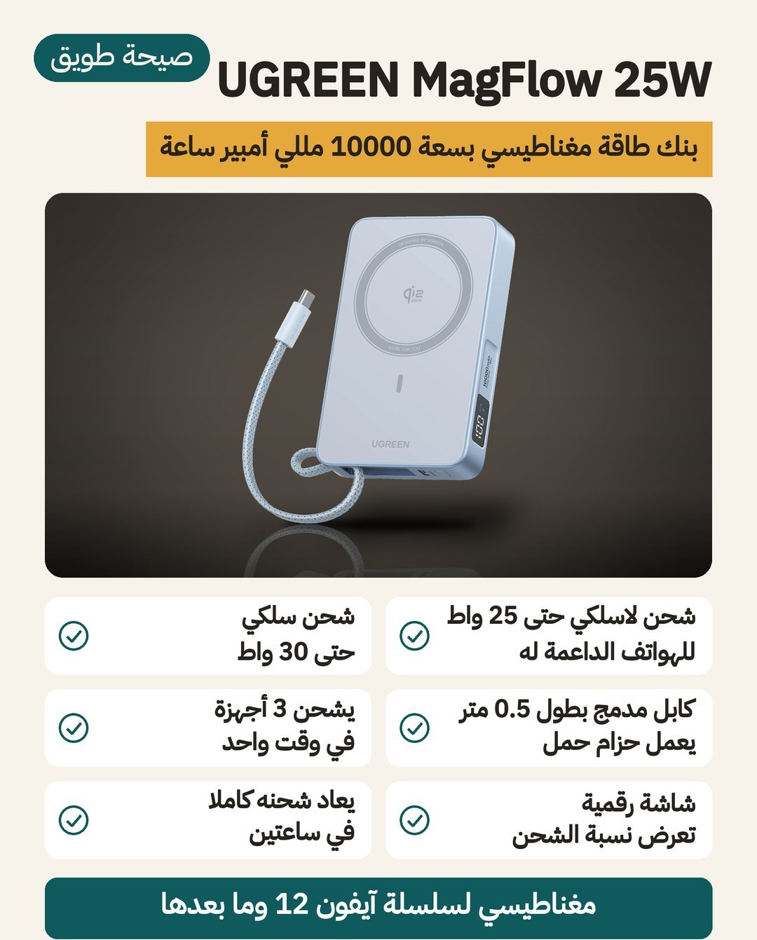 بنك الطاقة المغناطيسي UGREEN MagFlow 25W: شحن لاسلكي Qi 2.2 حتى 25 واط وكابل USB-C مدمج وشاشة رقمية